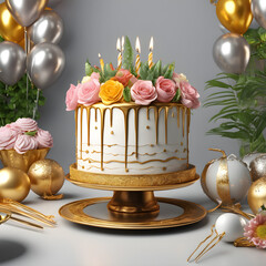 Dream-like Floral Cake with beautiful luxury decorations, golden and silver balloons. Pink, yellow flowers, and leaves. Party, Anniversary, Birthday Cake.