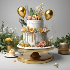 Luxury celebration cake with plants, leaves, flowers, golden balloons, cream. Tasty, yummy, delicious. Party cake, anniversary cake.