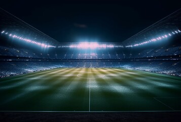 Stadium in lights at night. shiny lights, view from field. generative ai