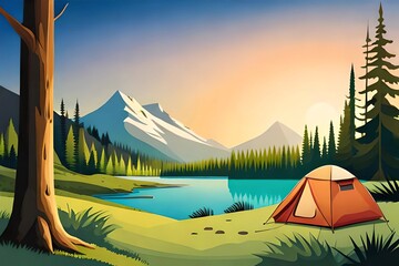 camp in the jungle flat image illustration, generative Ai art