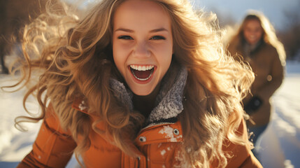 a young woman walks through the snow with winter jacket and obviously has fun because she laughs heartily, generative AI