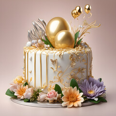 Cake with floral and botanical decoration, golden and white balloons, luxury, elegant, tasty, yummy, delicious beautiful cake. Party, wedding, anniversary, birthday.