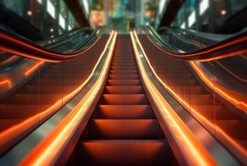 Blurred moving modern escalator. technology