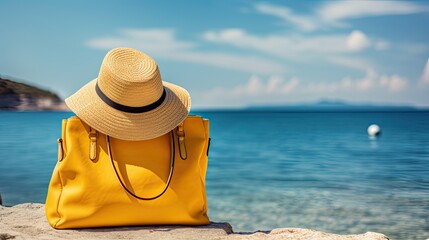 Fototapeta na wymiar baggage travel. yellow suitcase with travel accessories such as sunglasses, hat and camera on sea beach background.