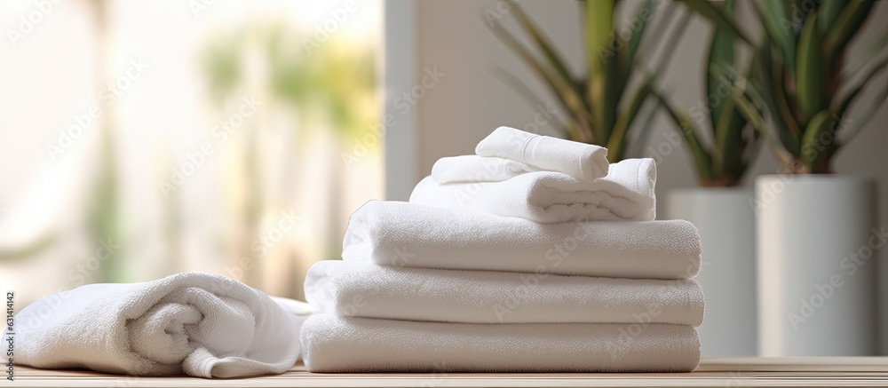 Poster a montage for product display involving a roll-up of white towels on a white table with a blurred