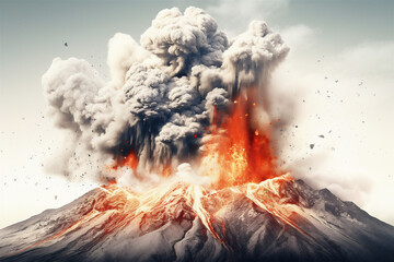 Volcano Erupting, Intense Explosion From Volano, Isolated on White Background, Generative AI