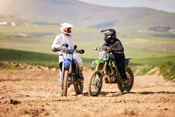Friends, sports and men with motorcycle in countryside for fun, hobby and Moto stunt training,...