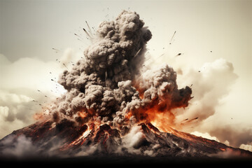 Volcano Erupting, Intense Explosion From Volano, Isolated on White Background, Generative AI