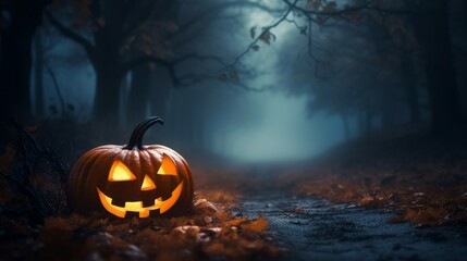 Scary Halloween pumpkin  standing along the path leading to the deep forest at deep night. Halloween  scary pumpkin in forest. Creepy glowing Halloween pumpkin in the dark forest. Halloween holiday - obrazy, fototapety, plakaty