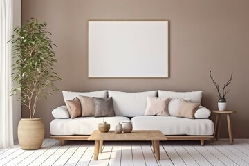The interior of the living room is a clean white tone with modern furniture with empty photo frames dotted walls with small plants. Relaxing atmosphere.