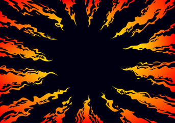 Tongues of fire directed to the center on a black background. Comic fantasy fire flame backgrounds. Design template page. Hand drawn vector art