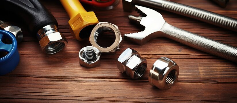 A picture from above showing plumbing tools on a brown table. On the right side, composition of