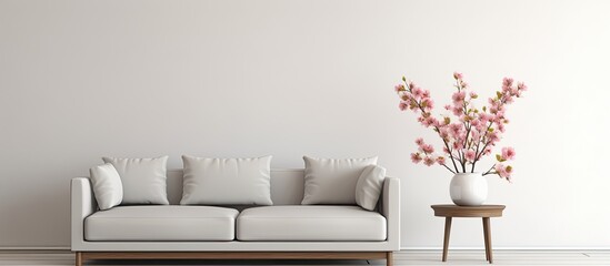 A real photo of flowers placed on a wooden table and a grey settee in a white living room. The