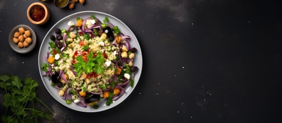 A shot from above of a salad made with aubergine, couscous, feta, black olives, and pistachios,
