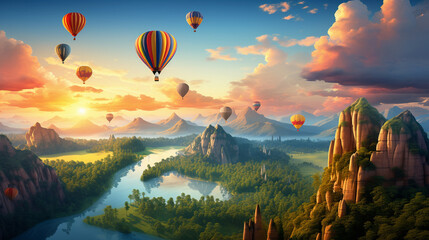 Magical Hot Air Balloons Soaring Over a Scenic Landscape 