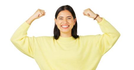 Strong, happy portrait and woman flex muscle, arm strength and celebrate achievement, winning or success. Gender equality, winner pride and confident person celebration on transparent, png background