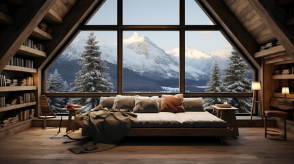 Cozy Reading Nook with a View of the Snowy Mountains 