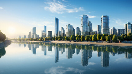 Fototapeta premium Contemporary Skyscrapers Reflected in a Shimmering Lake 