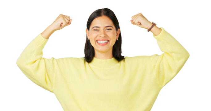 Strong, happy portrait and woman flex muscle, arm strength and celebrate achievement, winning or success. Gender equality, winner pride and confident person celebration on transparent, png background