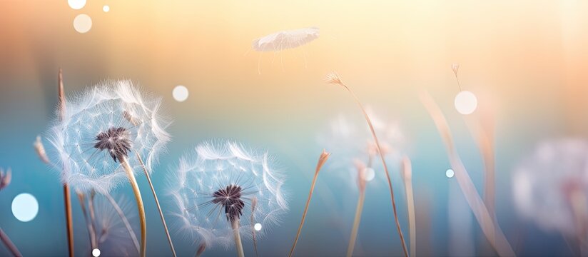A soft-focus, natural pastel background featuring a Morpho butterfly and a dandelion. The image