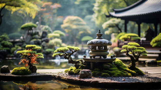 Peaceful Japanese Zen Garden with Pruned Bonsai Trees 