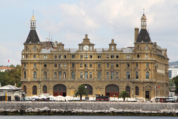 Fototapeta premium Haydarpasa train station sea view. Istanbul's oldest and most famous train station. Bosphorus, Haydarpasha Railway Terminal, south of the Port of Haydarpasha, Kadikoy