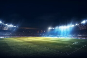Stadium in lights at night. shiny lights, view from field. generative ai