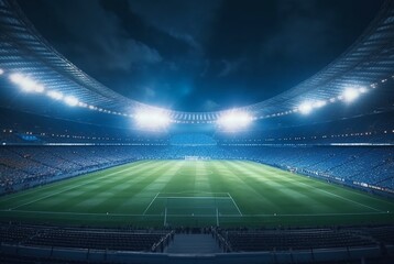 Fototapeta na wymiar Stadium in lights at night. shiny lights, view from field. generative ai