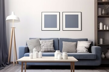 Simple living room decoration with blue tones of gray wooden tables for storing books. Modern furniture decorative lamps and blank white picture frames on the walls of the room.