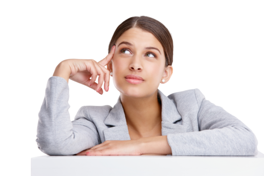 Thinking, idea and face of business woman on isolated, png and transparent background with table. Corporate worker, professional and female person looking up for brainstorming, planning and thought