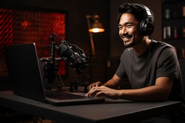 Asian man recording a podcast with headphones and a microphone on his laptop. AI