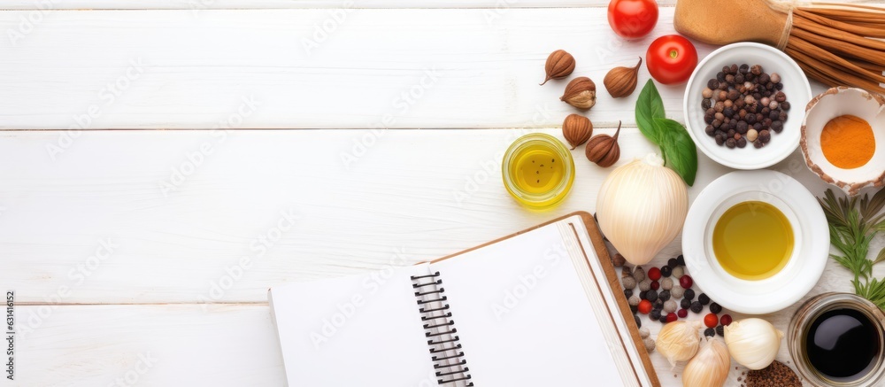 Aufkleber an open recipe book alongside various ingredients is placed on a white wooden table in a flat lay