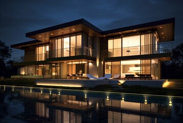 night view of modern house exterior with interior. generative ai