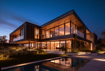 night view of modern house exterior with interior. generative ai