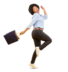 Shopping, bag and African woman dance in celebration of sale, discount or retail on transparent,...