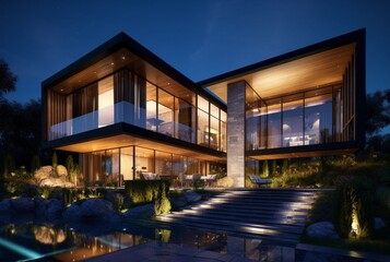 night view of modern house exterior with interior. generative ai