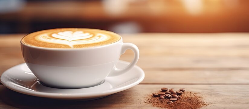 Close up picture of a hot latte coffee in a cafe, used as a photo banner for website headers. There