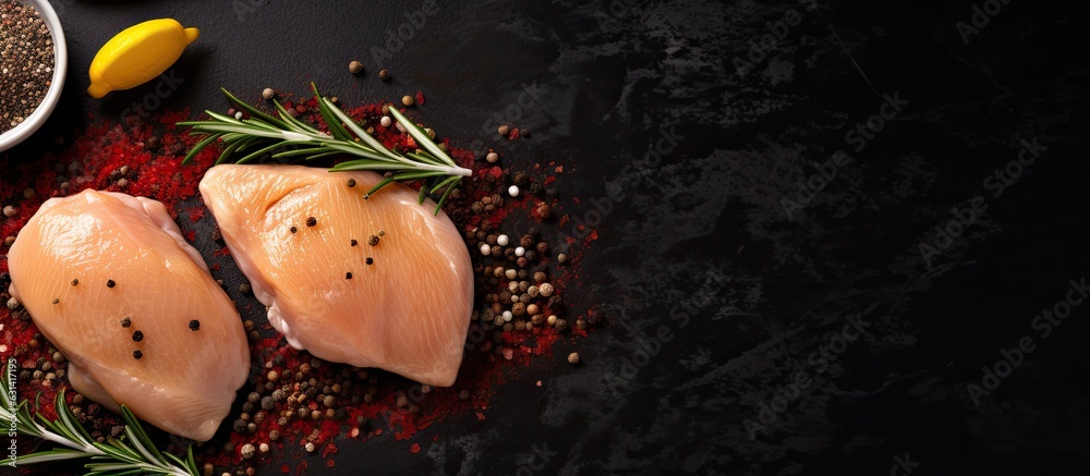Poster fresh chicken breast with rosemary and spices is placed on a dark background. it is a food backgroun