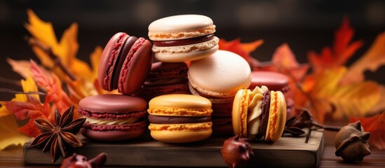 French Macarons in autumn shades, a delicious dessert for Halloween and Thanksgiving. Decorative