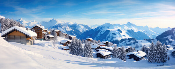 Alps ski resort winter village landscape.