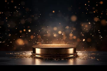 Fotobehang Golden pedestal on a dark background with a bokeh effect. 3d renderingpodium for product presentation © Thararat