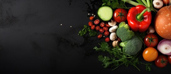 Fresh vegetables and ingredients for cooking are showcased in a top view with a dark background,