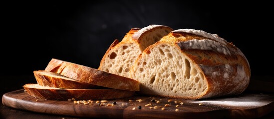 Freshly baked artisan sourdough bread, sliced and placed on a black background with copy space
