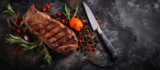 Grilled Cowboy steak, seasoned with spices, presented on a knife over a stone background with space