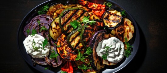 Grilled vegetables with yogurt sauce, viewed from the top with space for copy