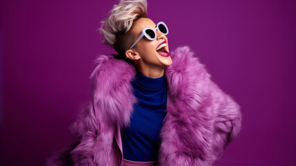Fashionable young woman in pink fur coat and sunglasses on purple background