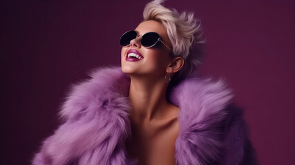 Portrait of a beautiful young woman in purple fur coat and sunglasses