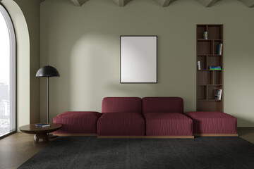 Modern home living room interior couch and shelf with window, mockup frame