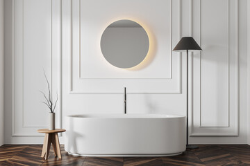 White bathroom interior with bathtub, mirror and minimal decoration