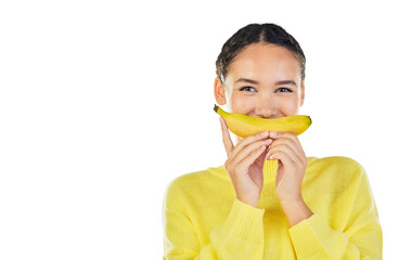 Detox, banana and portrait of woman with nutrition, lose weight or girl isolated on a transparent...